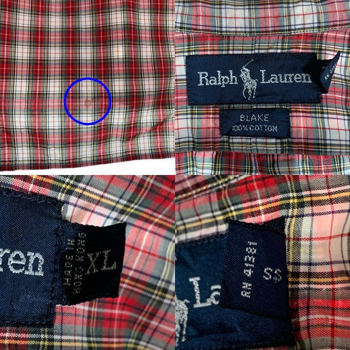 Ralph Lauren ラルフローレン BLAKE ボタンダウンチェックシャツ 半袖 コットン レッド 香港製 Size XL 福生店
