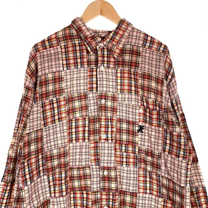 90's STUSSY ステューシー コットン パッチワークチェックシャツ 長袖 ドラゴン刺繡 マルチ インド製 紺タグ Size L 福生店