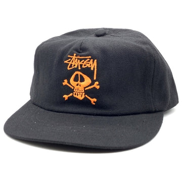 80's~ STUSSY ステューシー スカルボーン刺繡 5パネルキャップ ブラック オレンジ オールド 黒タグ 福生店