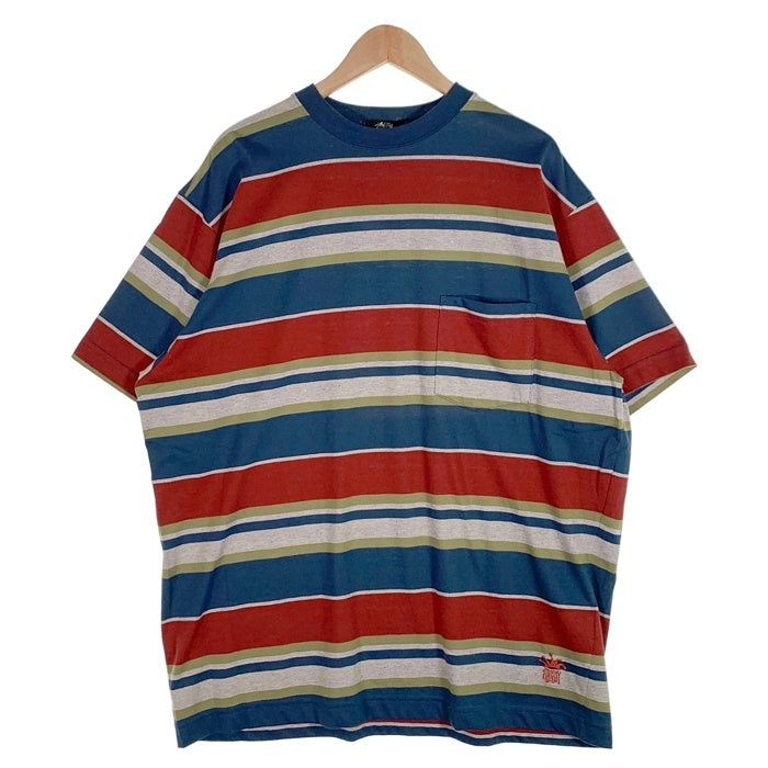 80's STUSSY ステューシー マルチボーダー ポケットTシャツ 裾クラウンロゴ刺繡 ブルー USA製 黒タグ Size XL 福生店