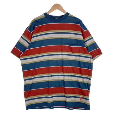80's STUSSY ステューシー マルチボーダー ポケットTシャツ 裾クラウンロゴ刺繡 ブルー USA製 黒タグ Size XL 福生店
