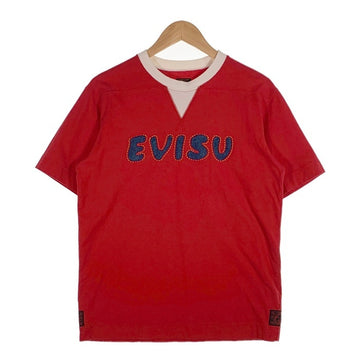 Evisu エヴィス Vガゼット Tシャツ フットボールT レッド デニム地ロゴ Size L 福生店