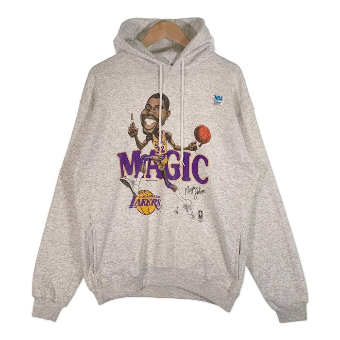 90's NBA ロサンゼルス・レイカーズ マジックジョンソン イラストプリント プルオーバースウェットパーカー オートミール SALEM Size L 福生店