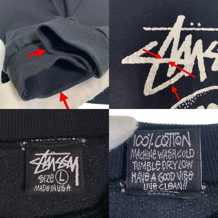 80's STUSSY ステューシー WORLD TRIBE Skull Crest スカルフラワープリント クルーネックスウェットトレーナー ブラック USA製 黒タグ Size L 福生店