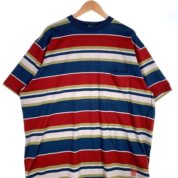 80's STUSSY ステューシー マルチボーダー ポケットTシャツ 裾クラウンロゴ刺繡 ブルー USA製 黒タグ Size XL 福生店
