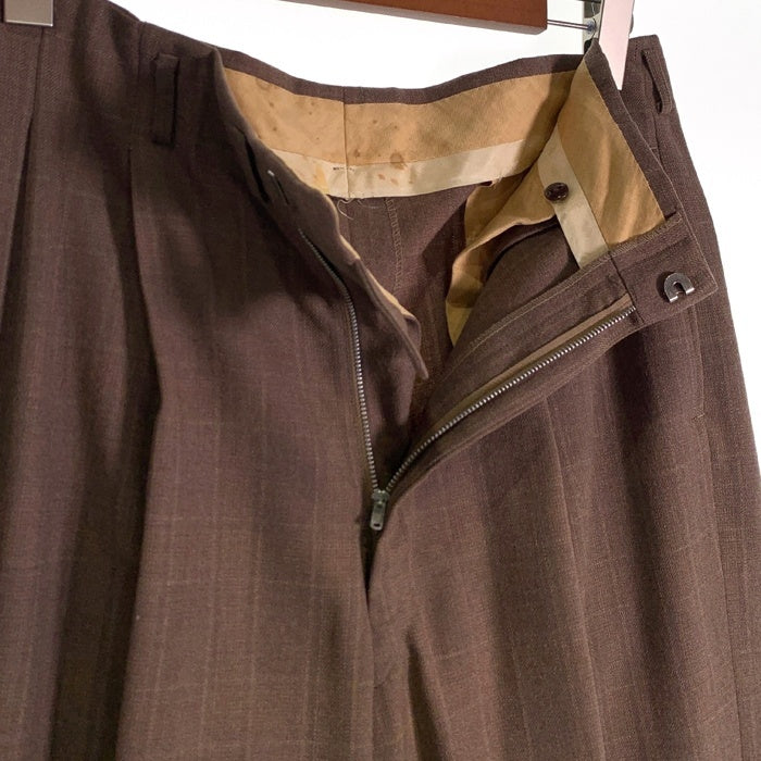 40-60's ウールチェック 2タックスラックス トラウザー ブラウン ワイド アルミCOMMAR 猫目ボタン Size 86cm 福生店