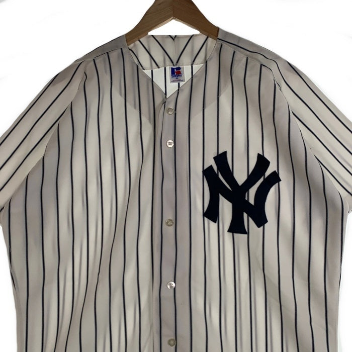 90's Russell Athletic ラッセルアスレチック Newyork Yankees ニューヨーク ヤンキース 半袖 ベースボールシャツ ホワイト ストライプ USA製 Size 44 福生店
