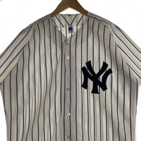 90's Russell Athletic ラッセルアスレチック Newyork Yankees ニューヨーク ヤンキース 半袖 ベースボールシャツ ホワイト ストライプ USA製 Size 44 福生店