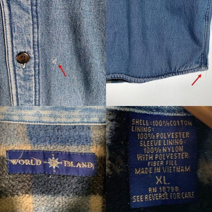 WORLD ISLAND ワールドアイランド 裏地ブランケット 裏地キルティング 長袖 デニム シャツ ライトブルー Size XL 福生店