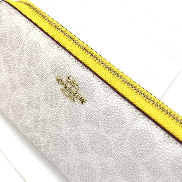 COACH コーチ 814 シグネチャー PVCレザー ラウンドファスナーウォレット 長財布 ホワイト イエロー 福生店