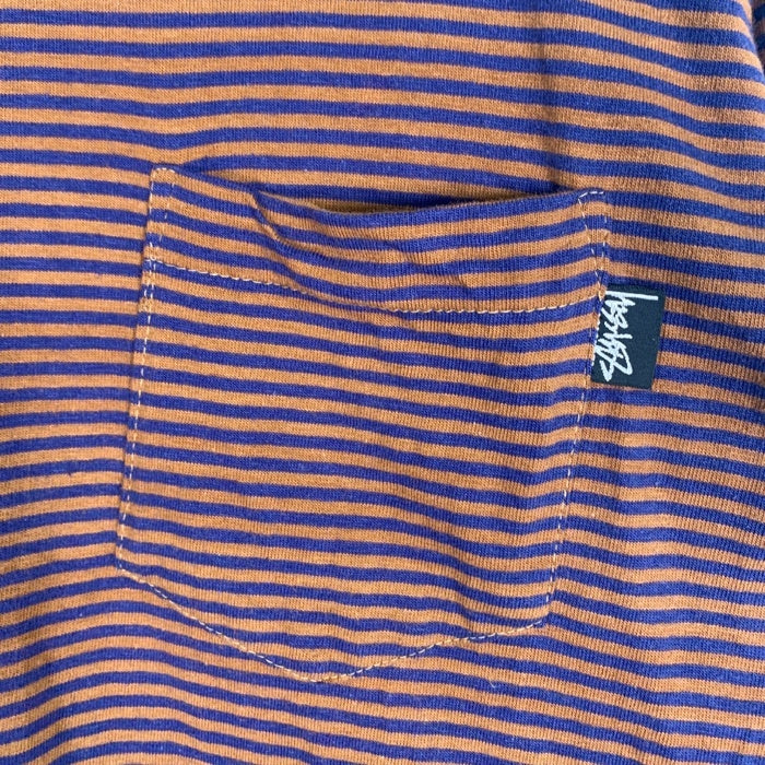 80's STUSSY ステューシー モックネック ボーダーポケットロングスリーブTシャツ ブラウン ネイビー USA製 黒タグ Size L 福生店