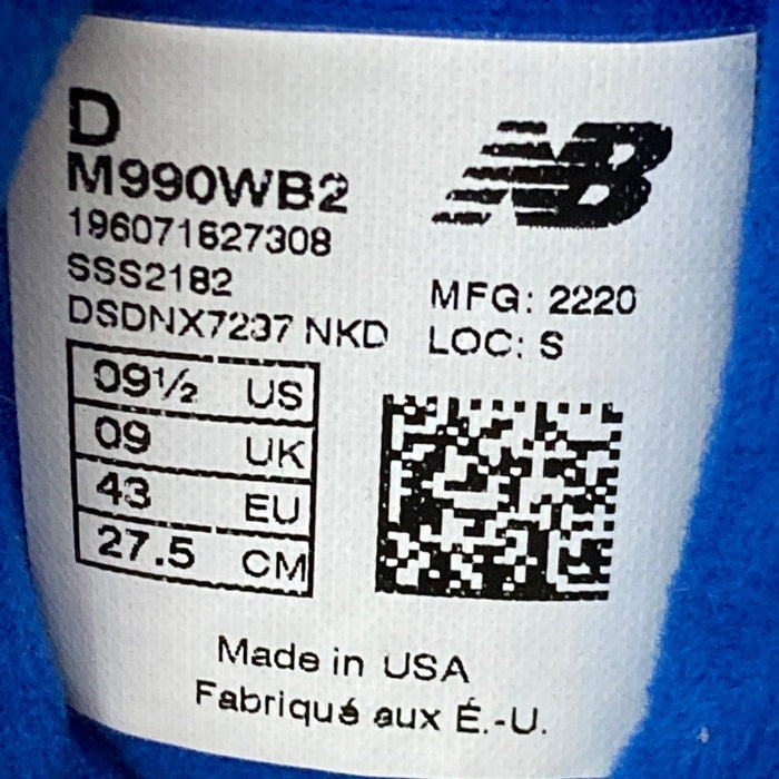 new balance ニューバランス M990WB2 レザー メッシュ ローカットスニーカー ホワイト ブルー USA製 Size 27.5cm 瑞穂店