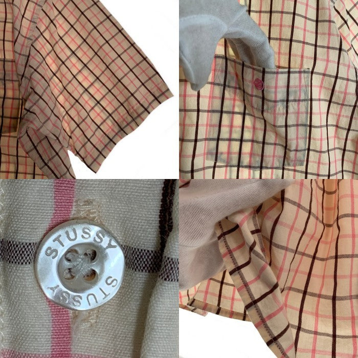 STUSSY ステューシー チェック柄 半袖 ボタンダウンシャツ ロゴ刺繡 ホワイト ピンク ブラウン Size L 福生店