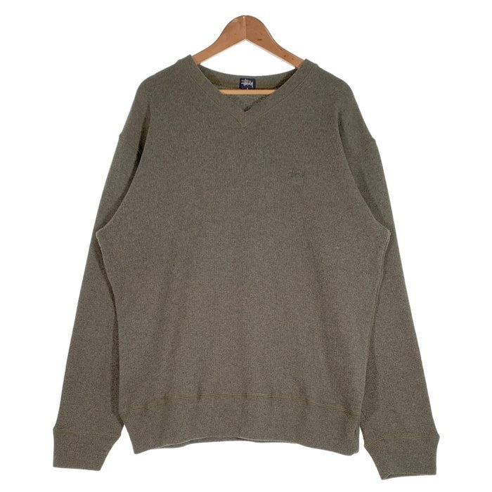 90's STUSSY ステューシー ショーンフォントロゴ刺繡 コットンポリ Vネック ニットセーター オリーブ USA製 紺タグ Size L 福生店