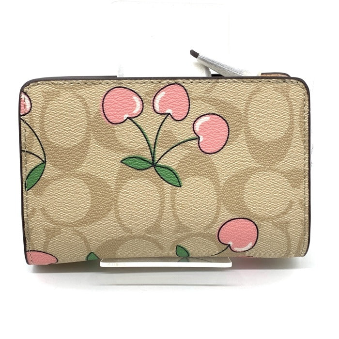 COACH コーチ CF401 ミディアム コーナー ジップ ウォレット・シグネチャー キャンバス・ハート チェリー プリント 二つ折り財布 ベージュ ホワイト 福生店