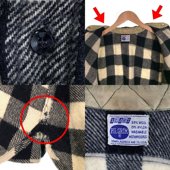 60's SEARS PILGRIM シアーズ ピルグリム バッファローチェック 長袖 ウールシャツ ホワイト ブラック USA製 Size L相当 福生店