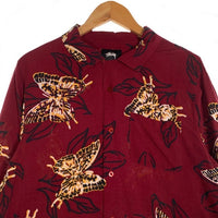 STUSSY ステューシー レーヨン オープンカラーロングスリーブシャツ バタフライプリント ボルドー Size M 福生店