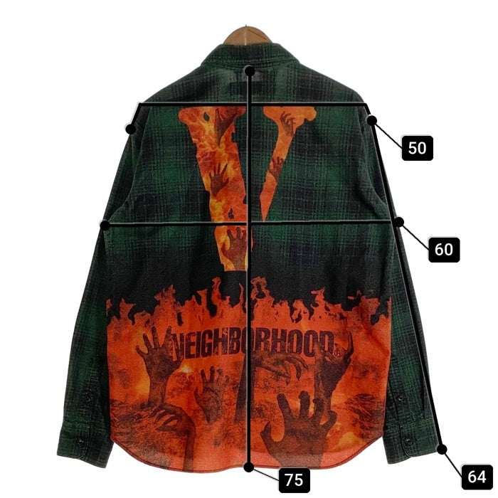 NEIGHBORHOOD ネイバーフッド 19SS VLONE ヴィーローン NHVL.LUMBERS/C-SHIRT LS ランバーチェックシャツ フレイムスカルプリント フランネル グリーン 191BEVLN-SHM01S Size L 福生店