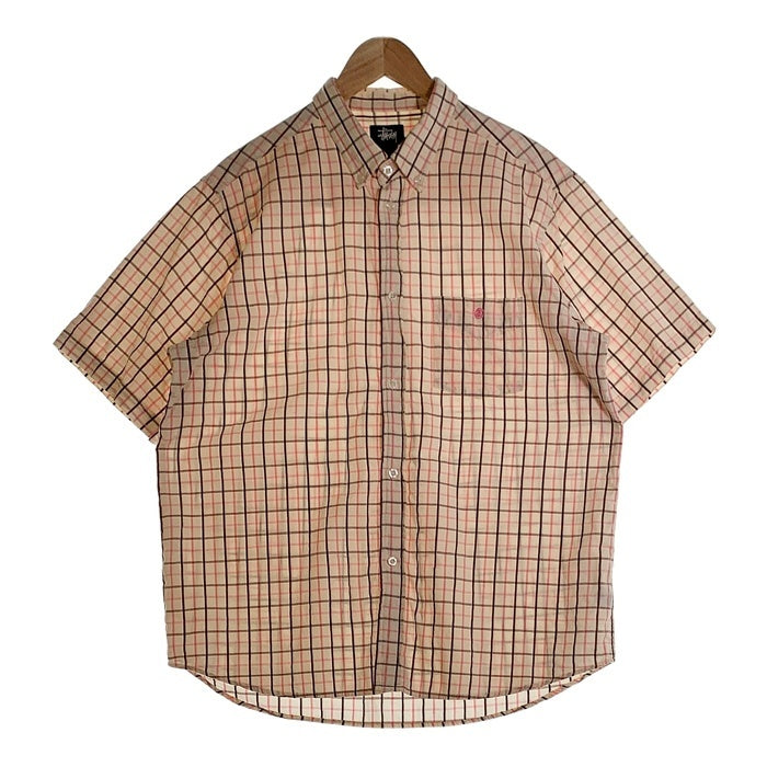 STUSSY ステューシー チェック柄 半袖 ボタンダウンシャツ ロゴ刺繡 ホワイト ピンク ブラウン Size L STUSSY ステューシー チェック柄 半袖 ボタンダウンシャツ ロゴ刺繡