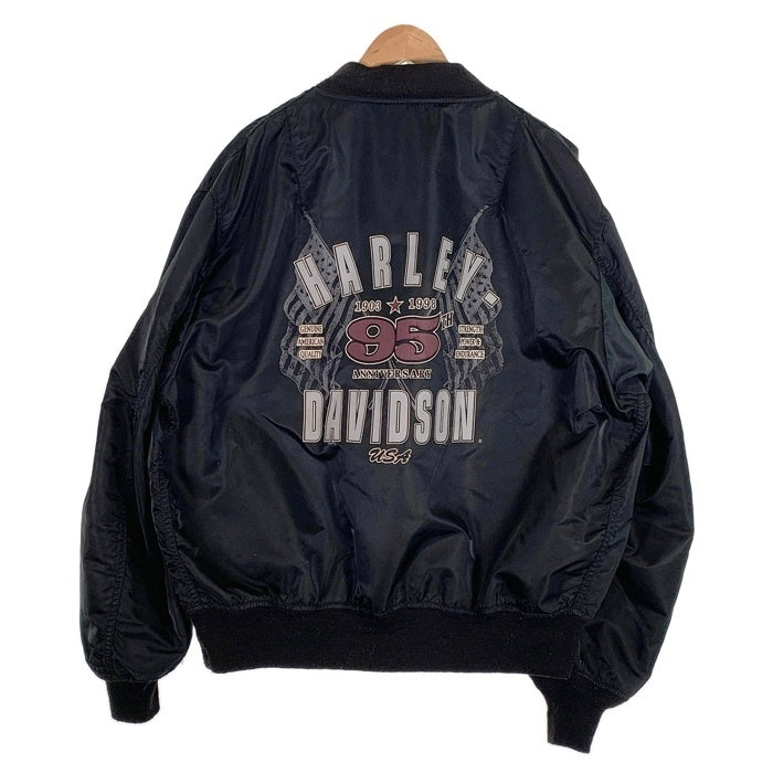 90's Harley-Davidson ハーレーダビッドソン 95周年 プリント ナイロンブルゾン リブ ブラック USA製 Size XXL 福生店