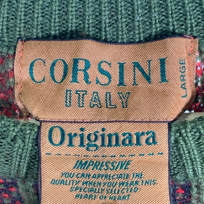 CORSINI コルシーニ ウール ナイロン クルーネックセーター 総柄 グリーン レッド Size L 福生店