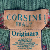 CORSINI コルシーニ ウール ナイロン クルーネックセーター 総柄 グリーン レッド Size L 福生店