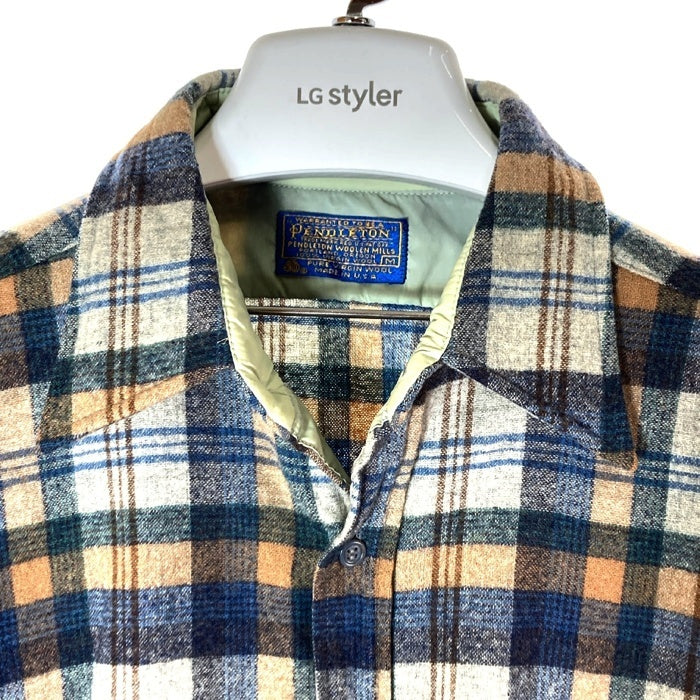 PENDLETON ペンドルトン 70's USA製 ウールシャツ 片ポケット ベージュxブルー sizeM 瑞穂店