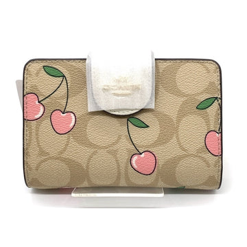COACH コーチ CF401 ミディアム コーナー ジップ ウォレット・シグネチャー キャンバス・ハート チェリー プリント 二つ折り財布 ベージュ ホワイト 福生店