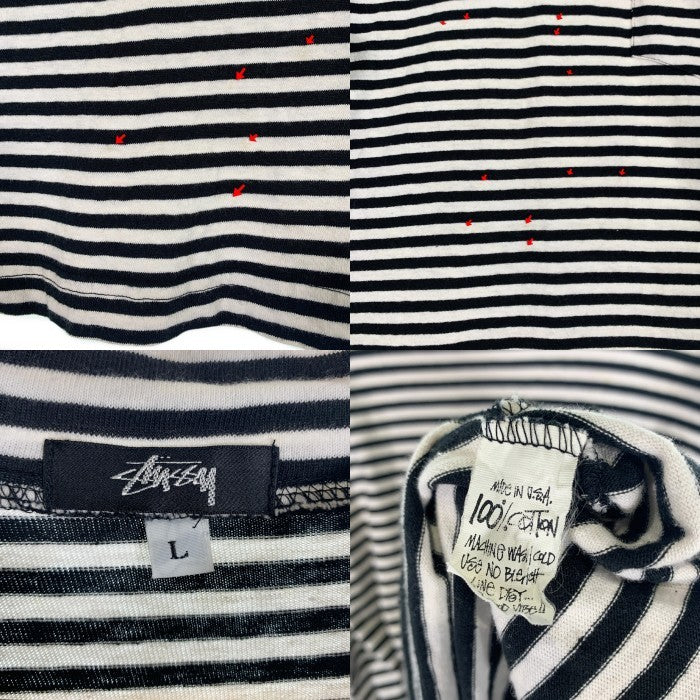 80's STUSSY ステューシー モックネック ボーダーポケットロングスリーブTシャツ ブラック ホワイト USA製 黒タグ Size L 福生店