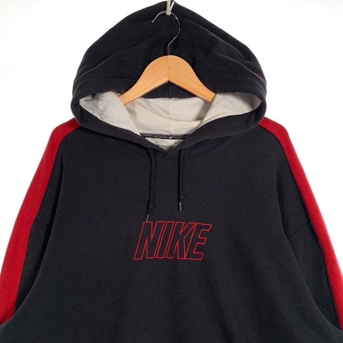 00's NIKE ナイキ サイドライン ロゴ刺繡 プルオーバースウェットパーカー ブラック レッド  Size XL 福生店