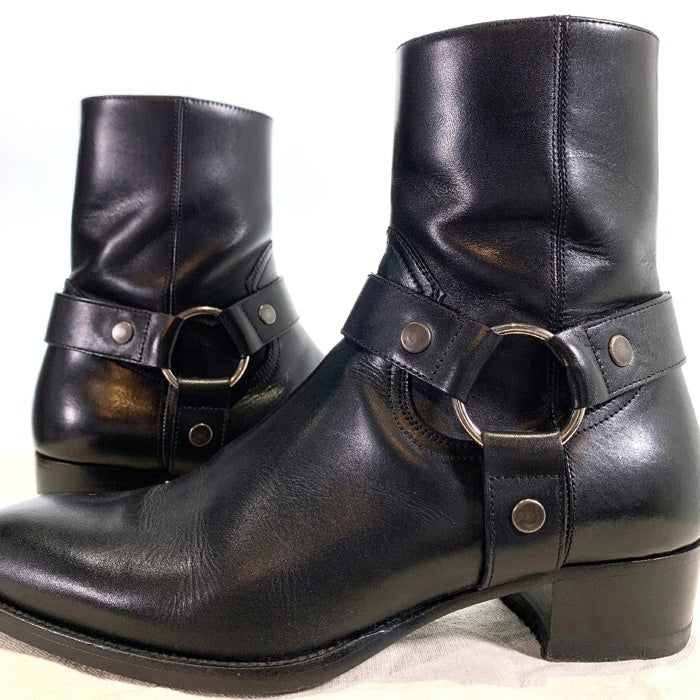 SAINT LAURENT PARIS サンローランパリ Wyatt Harness Ring Boot ワイアットハーネス リングブーツ ブラック サイドジップ 443190 AQS00 1000 Size 39 1/2 (24.5cm) 福生店