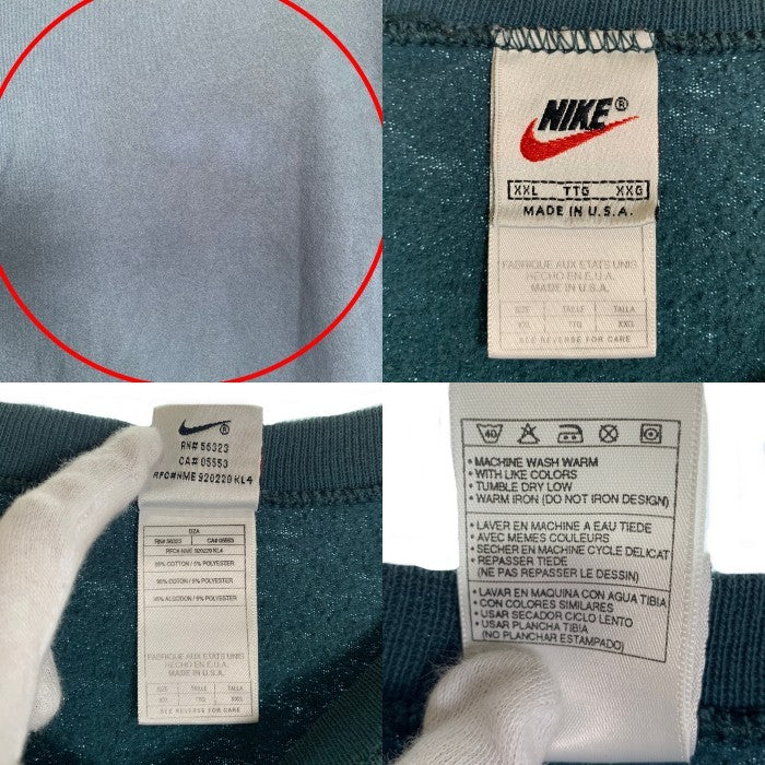 90's NIKE ナイキ クルーネック スウェットトレーナーワンポイント ロゴ刺繡 白タグ グリーン Size XXL 福生店