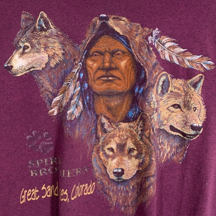 90's SPIRIT BROTHERS インディアン プリントTシャツ パープル USA製 Hef-T Size XL 福生店