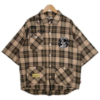 EXAMPLE エグザンプル EX CHECK BIG SILHOUETTE S/S SHIRTS 半袖 チェックシャツ ベージュ Size L 福生店