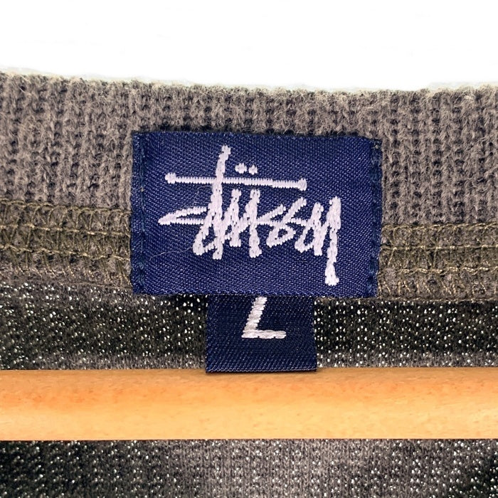 90's STUSSY ステューシー ショーンフォントロゴ刺繡 コットンポリ Vネック ニットセーター オリーブ USA製 紺タグ Size L 福生店