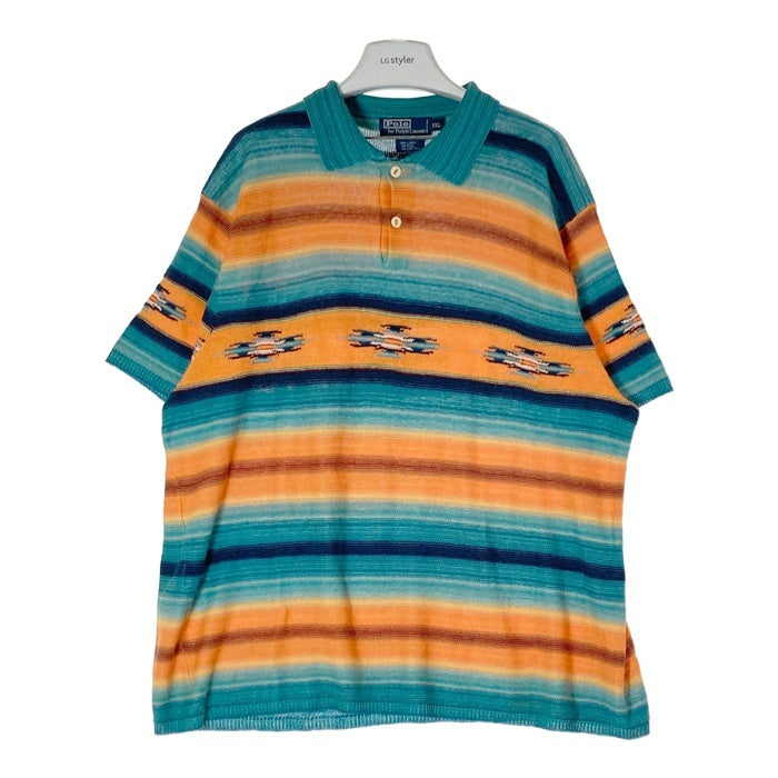 POLO RALPH LAUREN ポロラルフローレン リネン シルク混 ポロシャツ ネイティブ ボーダー ターコイズ sizeXXL 瑞穂店