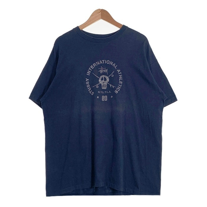 90's STUSSY ステューシー INTERNATIONAL ATHLETICS スカルプリント Tシャツ ネイビー USA製 紺タグ Size XXL 福生店