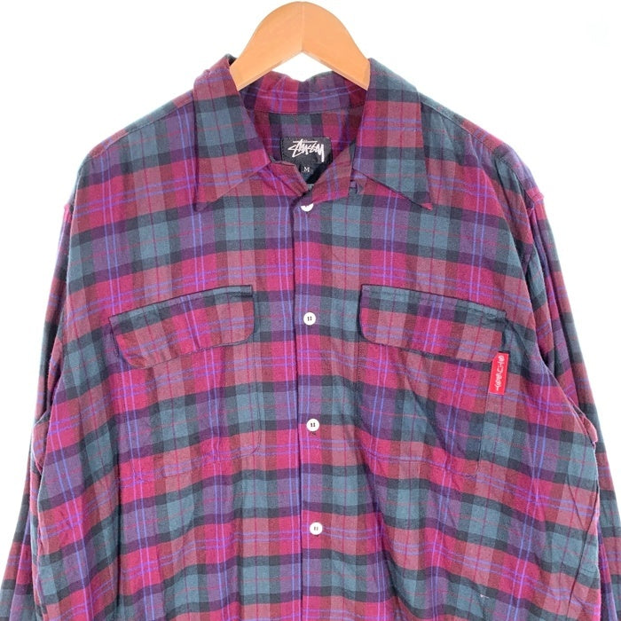 80's STUSSY ステューシー コットン オープンカラーフランネルチェックシャツ 長袖 パープル グリーン USA製 黒タグ Size M 福生店