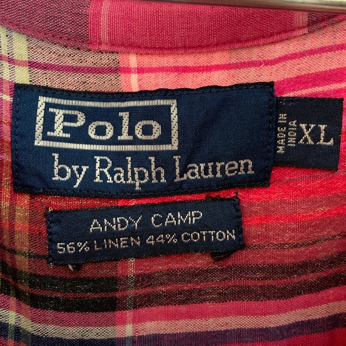 Polo Ralph Lauren ポロラルフローレン ANDY CAMP リネンコットン チェック 半袖 オープンカラーシャツ ピンク sizeXL 瑞穂店