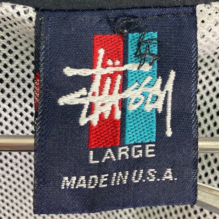 STUSSY ステューシー 90s OLD USA製  袖ライン リフレクター ウインドブレーカー ポリエステル トラックジャケット ロゴ刺繍 ブラック sizeL 瑞穂店