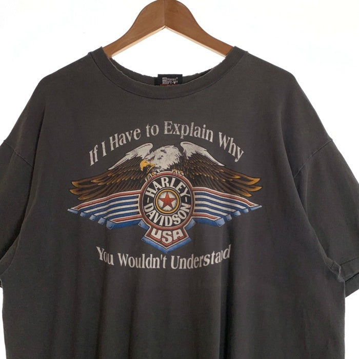 80-90's Harley-Davidson ハーレーダビッドソン イーグル バー&シールド プリントTシャツ フェードブラック Hanes USA製 Size XL 福生店