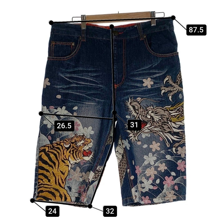 華鳥風月 カチョウフウゲツ ジッパーフライ デニムショートパンツ インディゴ 龍 虎 桜 Size 36 福生店