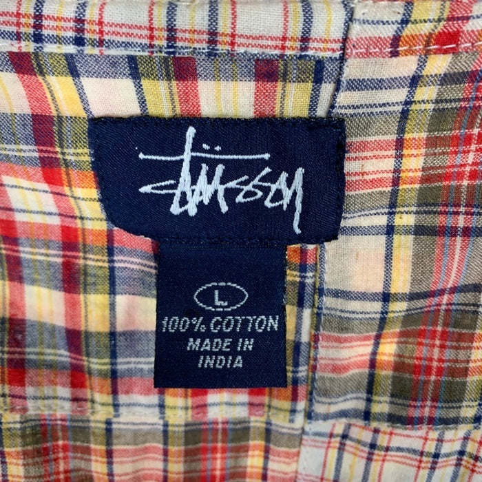 90's STUSSY ステューシー コットン パッチワークチェックシャツ 長袖 ドラゴン刺繡 マルチ インド製 紺タグ Size L 福生店