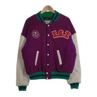 90's STUSSY ステューシー I.S.T. ワッペン 刺繡 ウール袖レザースタジャン パープル グリーン ホワイト オールド Size L 福生店
