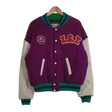 90's STUSSY ステューシー I.S.T. ワッペン 刺繡 ウール袖レザースタジャン パープル グリーン ホワイト オールド Size L 福生店