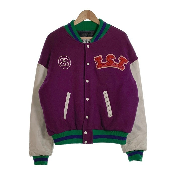 90's STUSSY ステューシー I.S.T. ワッペン 刺繡 ウール袖レザースタジャン パープル グリーン ホワイト オールド Size L 福生店