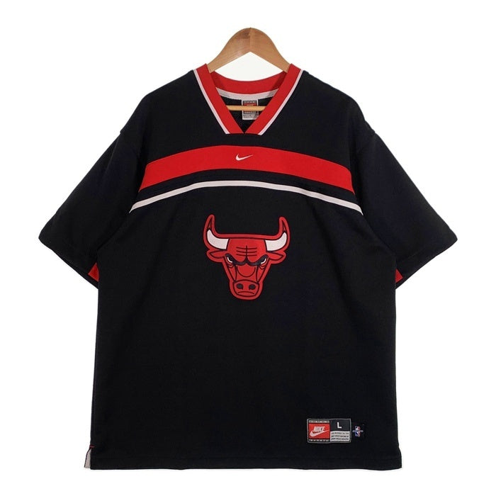 90's~ NIKE ナイキ NBA CHICAGO BULLS シカゴ・ブルズ ゲーム フットボールシャツ ジャージ プルオーバー ブラック ワッペン 刺繡 Size L 福生店