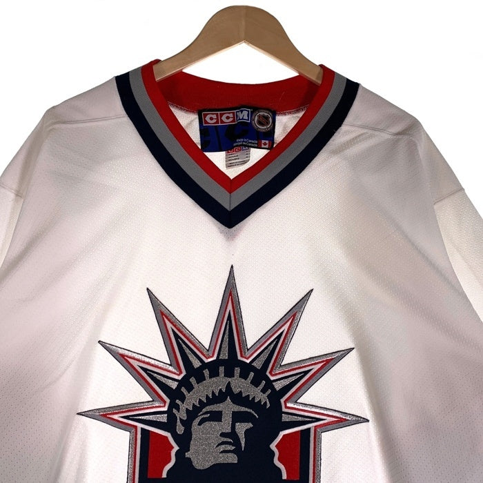 CCM シーシーエム Newyork Rangers ニューヨーク レンジャース NHL ホッケーシャツ 七分丈 ラグランスリーブ ホワイト ネイビー レッド カナダ製 Size L 福生店