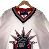 CCM シーシーエム Newyork Rangers ニューヨーク レンジャース NHL ホッケーシャツ 七分丈 ラグランスリーブ ホワイト ネイビー レッド カナダ製 Size L 福生店