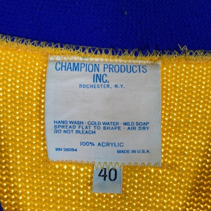 70's Champion チャンピオン アクリルニット レタードカーディガン 袖ライン イエロー ブルー USA製 Size 40 福生店